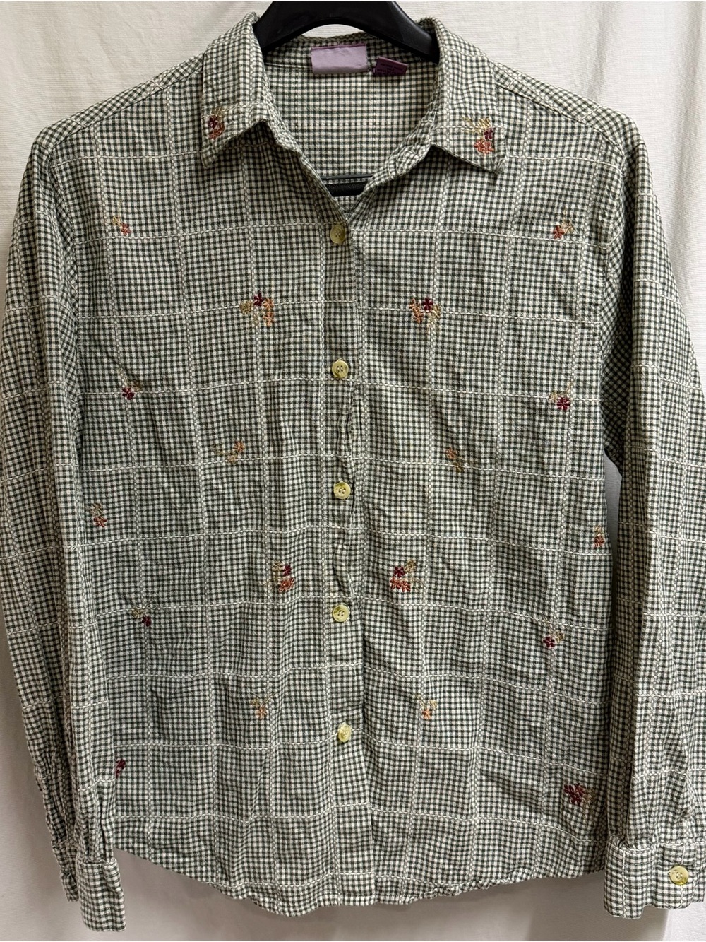 Premier International Ladies Size L Plaid Shirt Floral Embroidered Cottagecore